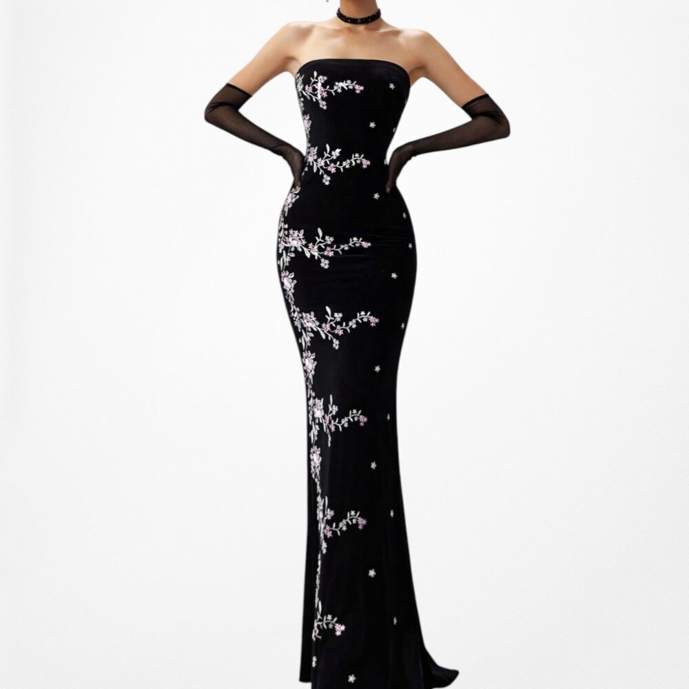 Vintage Black Strapless Velvet Floral Embroidered Maxi Bodycon Slit Dress S/M/L - Picture 1 of 9